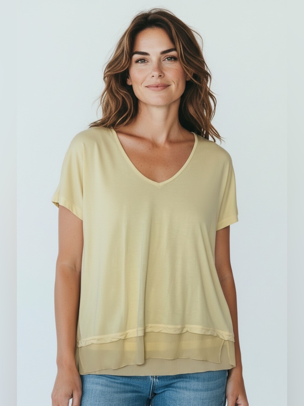 VINCE sz Large Slinky Blouse Short Sleeve Silk Layer Hem V Neck Pale Yellow